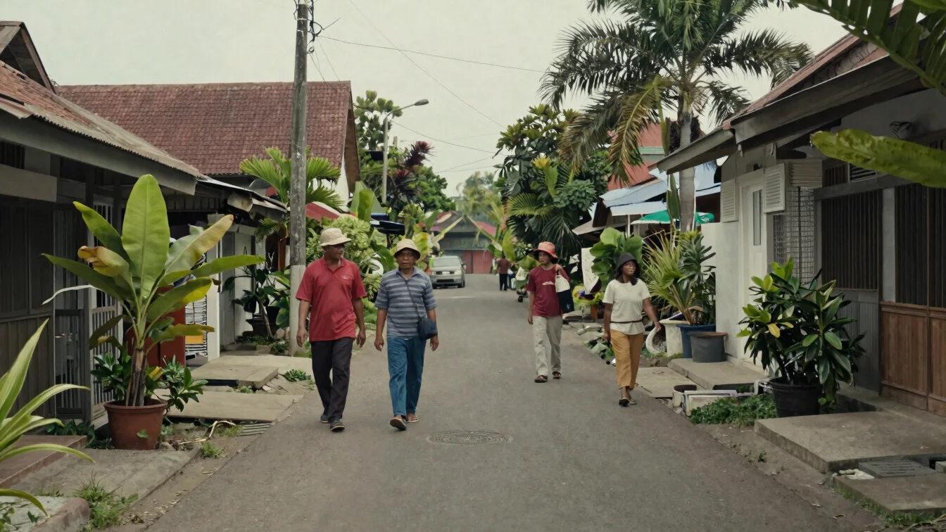 Everyday public space in an Indonesian neighbourhood, narrow village street with tropical plants, residents walking, nat
