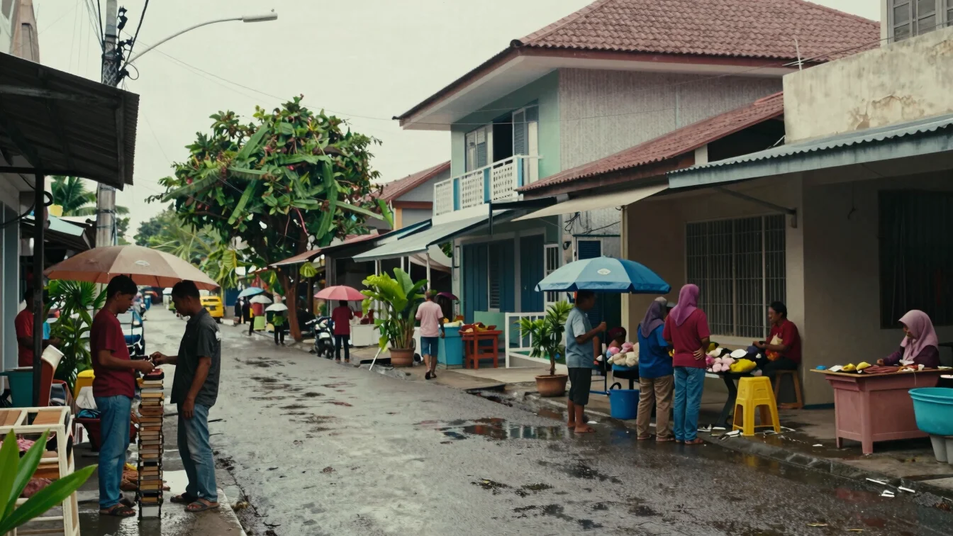 Field reporting scene at an Indonesian everyday location, a shophouse street after rain, natural daylight, people workin
