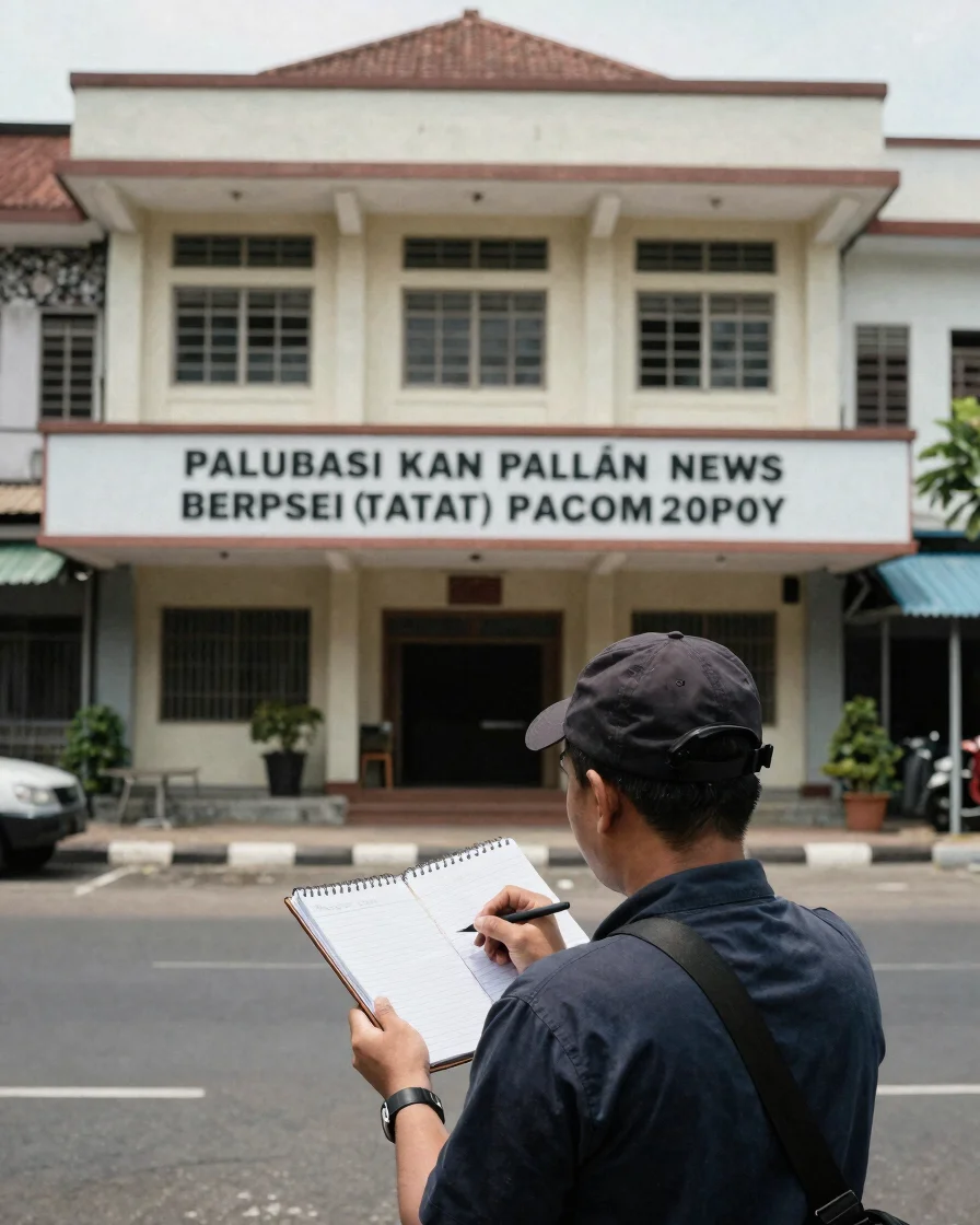 Editorial news photography of a reporter's notebook and a public service building facade in an Indonesian city, natural