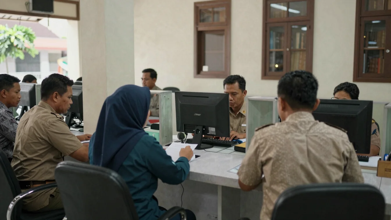 Documentary frame of a government public service office in Indonesia, natural daylight, neutral tones, people waiting at
